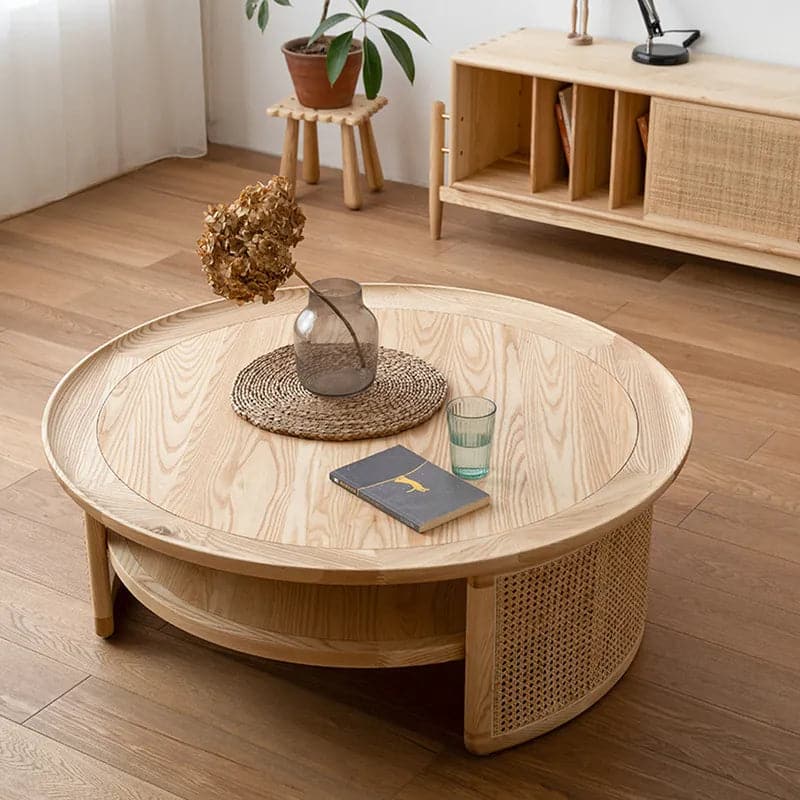 2-Tiered Modern Round Wood Coffee Table with Rattan Base