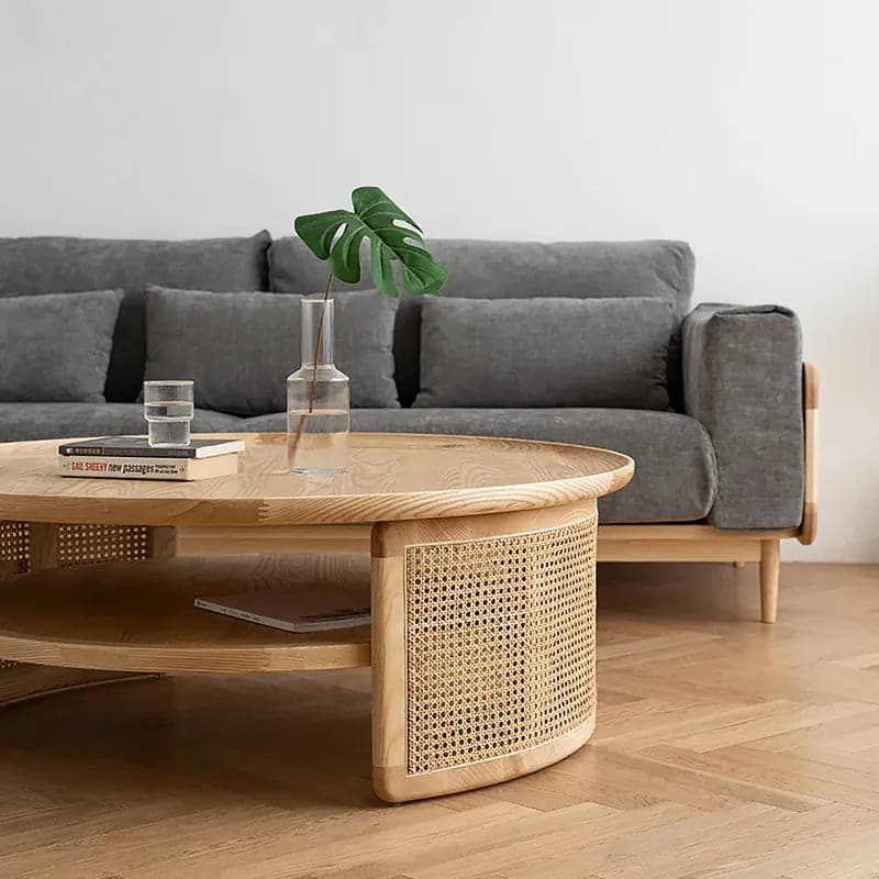 2-Tiered Modern Round Wood Coffee Table with Rattan Base