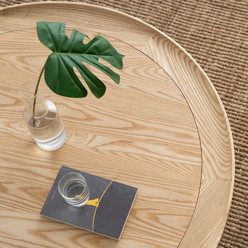 2-Tiered Modern Round Wood Coffee Table with Rattan Base