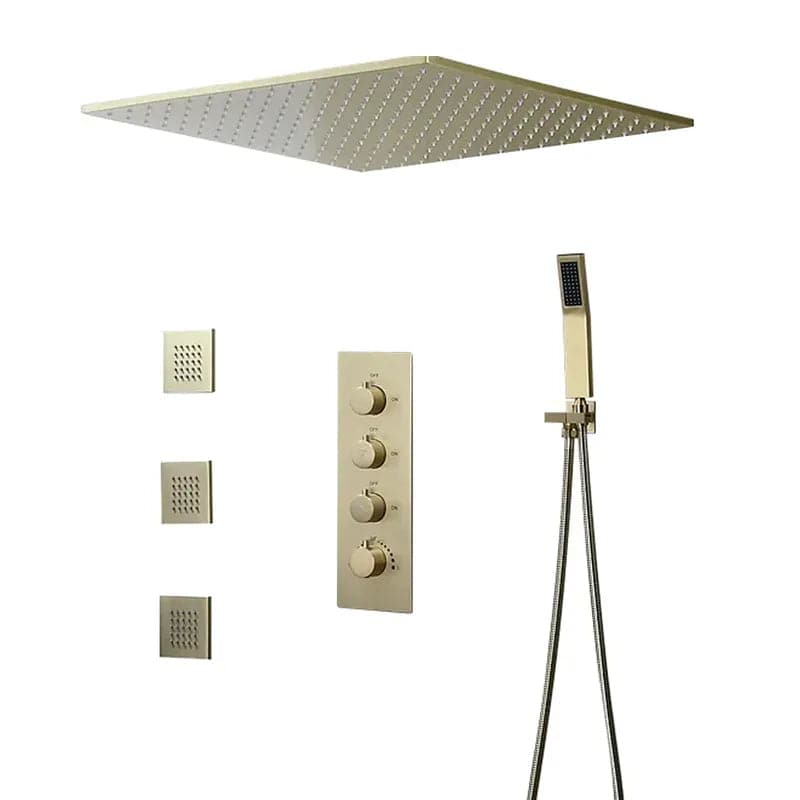 20" Thermostatic Rain Shower System with Hand Shower & 3 Body Jet Sprays in Brushed Gold