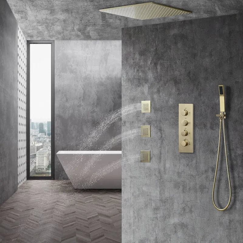 20" Thermostatic Rain Shower System with Hand Shower & 3 Body Jet Sprays in Brushed Gold