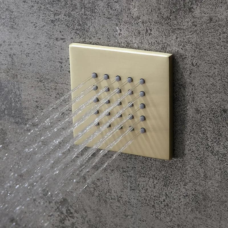 20" Thermostatic Rain Shower System with Hand Shower & 3 Body Jet Sprays in Brushed Gold