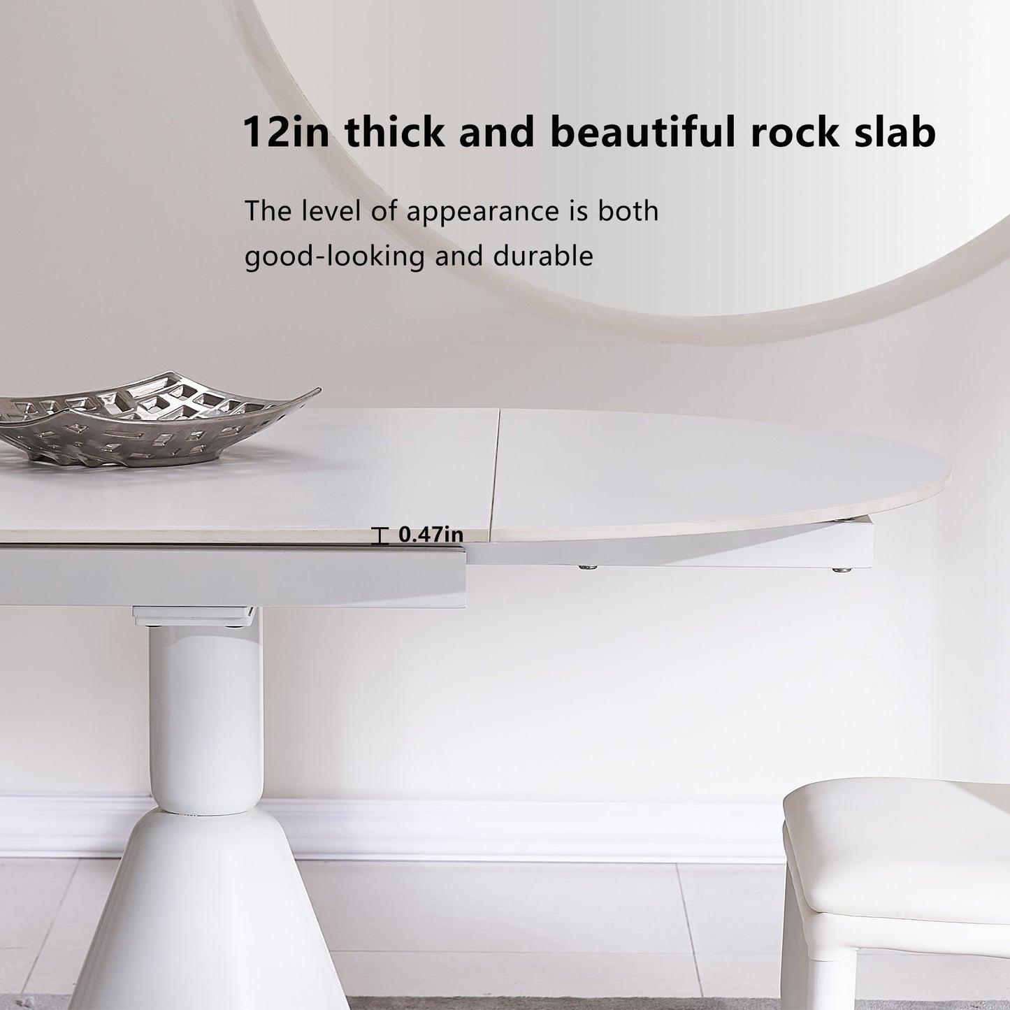 94.9" Modern Oval Extendable White Dining Table For 8 Seater With Sintered Stone Top & Stainless Steel Base