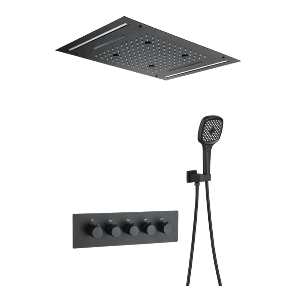 20" Ceiling Mounted Thermostatic Rainfall Shower System 4 Functions LED Light in Black