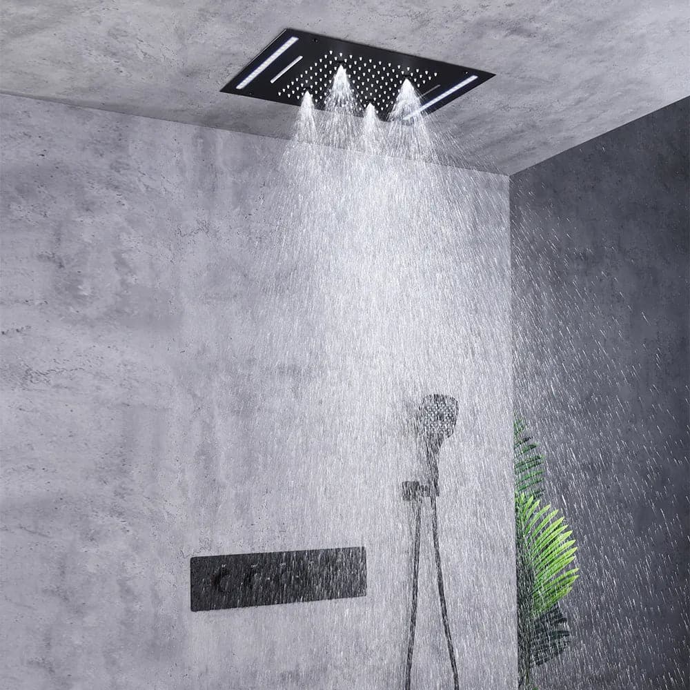 20" Ceiling Mounted Thermostatic Rainfall Shower System 4 Functions LED Light in Black