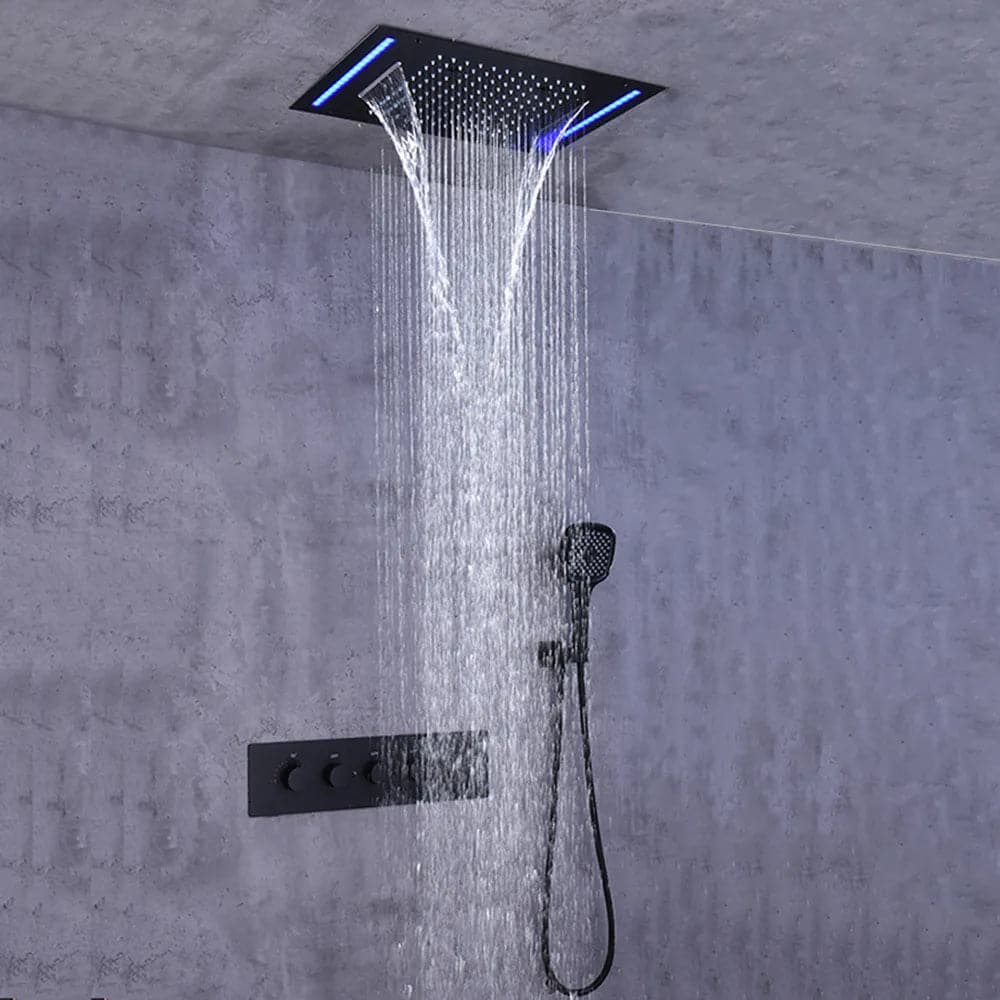 20" Ceiling Mounted Thermostatic Rainfall Shower System 4 Functions LED Light in Black