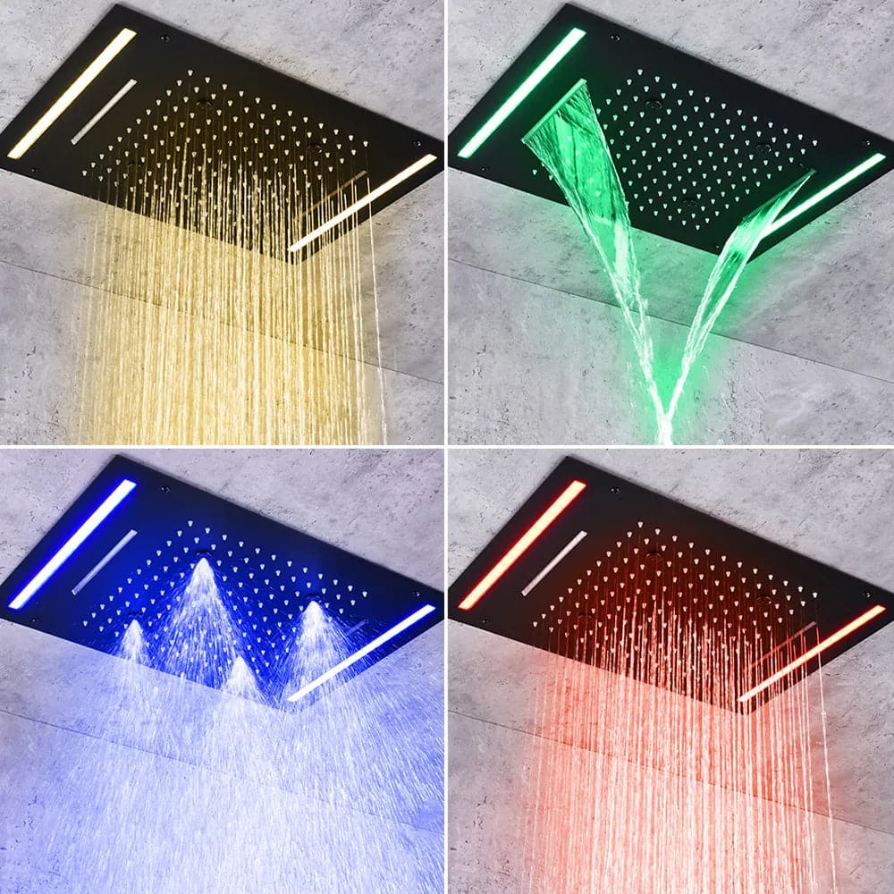 20" Ceiling Mounted Thermostatic Rainfall Shower System 4 Functions LED Light in Black