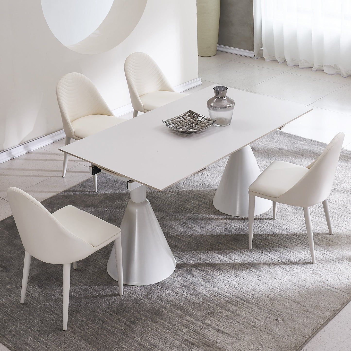 94.9" Modern Oval Extendable White Dining Table For 8 Seater With Sintered Stone Top & Stainless Steel Base