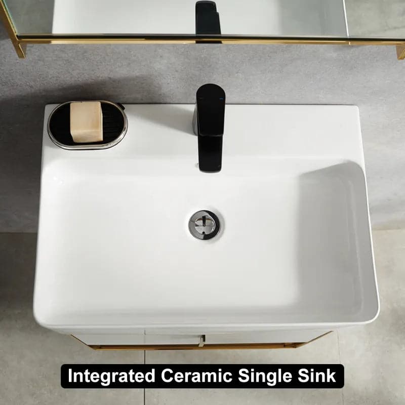 24" Modern White Floating Bathroom Vanity with Drawer Shelf Integral Single Ceramic Sink