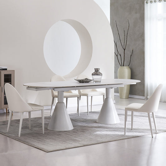 94.9" Modern Oval Extendable White Dining Table For 8 Seater With Sintered Stone Top & Stainless Steel Base