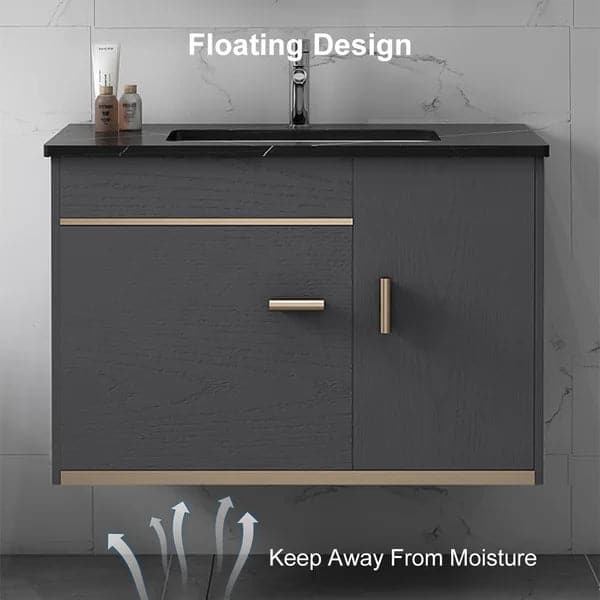 24" Floating Wood Bathroom Vanity Set with Black Sintered Stone Top & Ceramic Sink