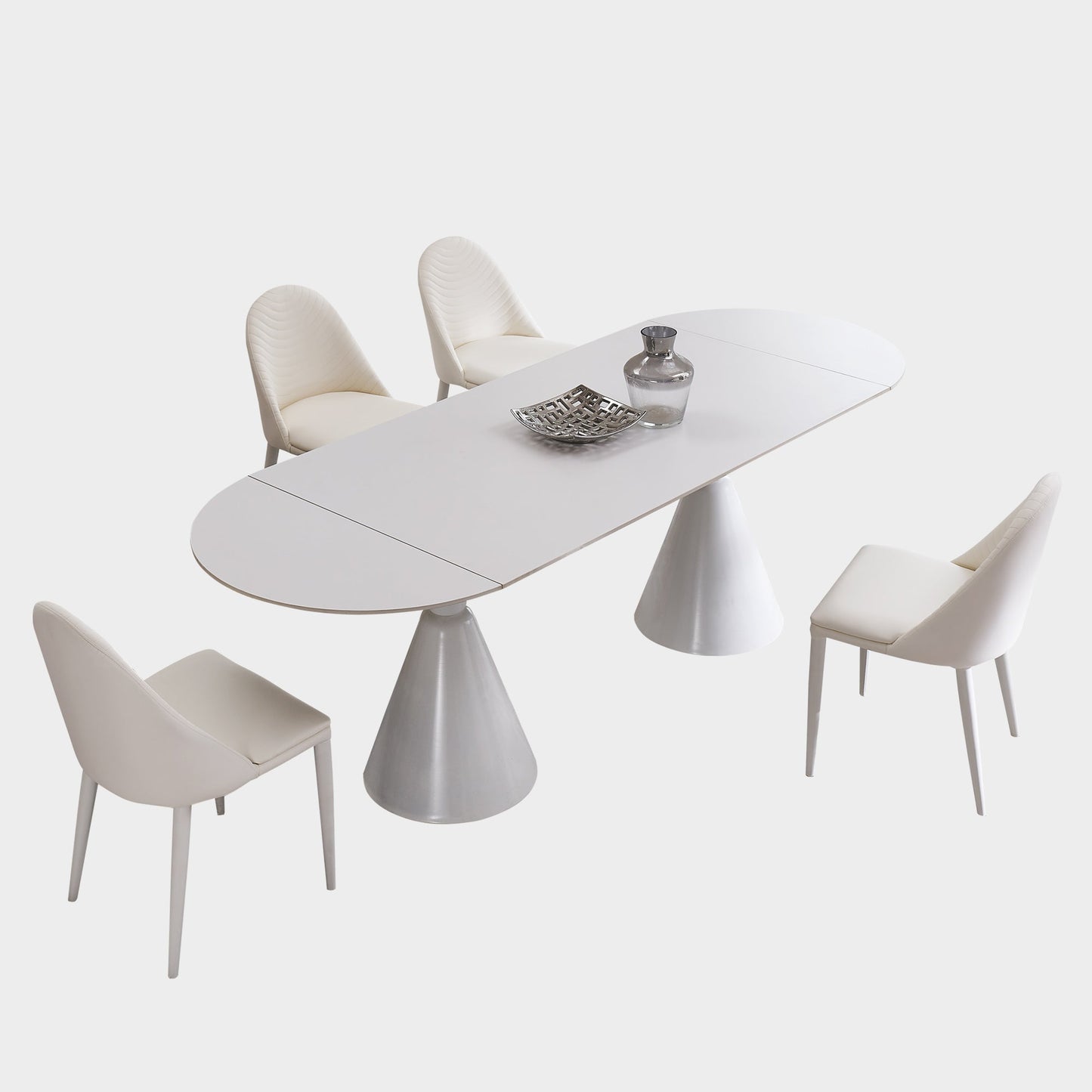 94.9" Modern Oval Extendable White Dining Table For 8 Seater With Sintered Stone Top & Stainless Steel Base