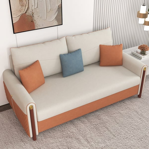 59" White & Orange Sleeper Sofa Convertible Sofa Leath-Aire Upholstery