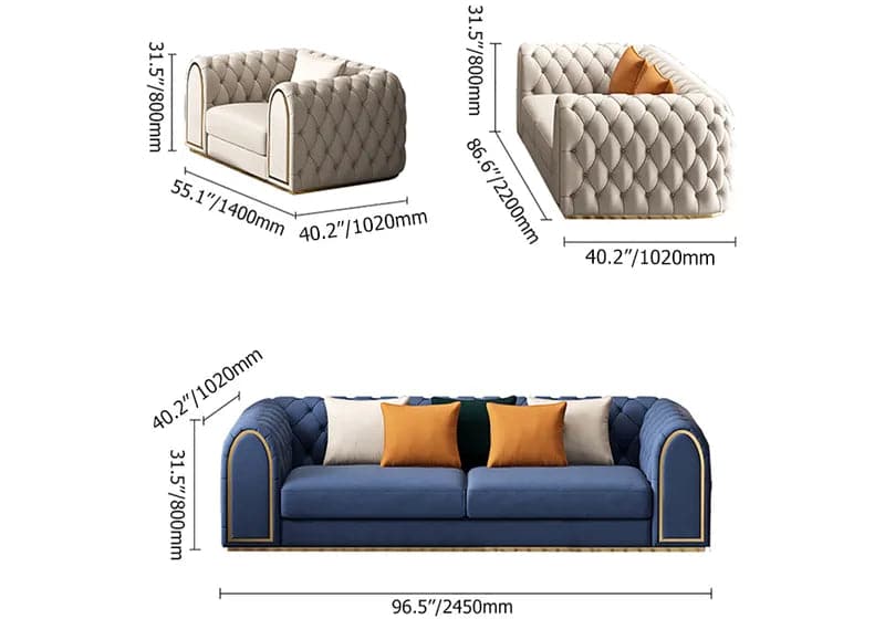 3-Piece Blue & Beige Luxury Velvet Upholstered Chesterfield Sofa Living Room Set