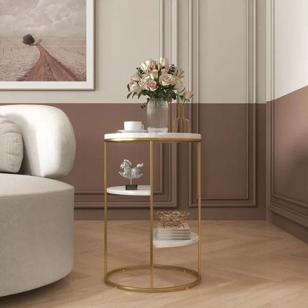 3-Tiered White & Gold End Table with Shelf Marble Top & Metal Frame Side Table