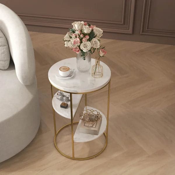 3-Tiered White & Gold End Table with Shelf Marble Top & Metal Frame Side Table