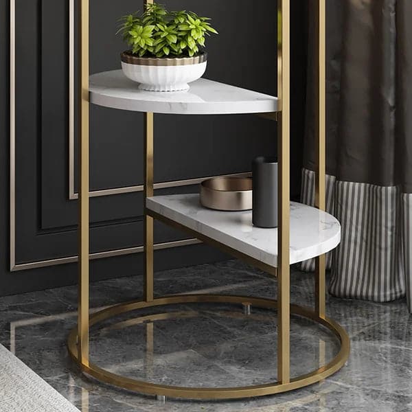 3-Tiered White & Gold End Table with Shelf Marble Top & Metal Frame Side Table