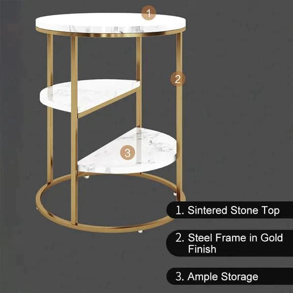 3-Tiered White & Gold End Table with Shelf Marble Top & Metal Frame Side Table