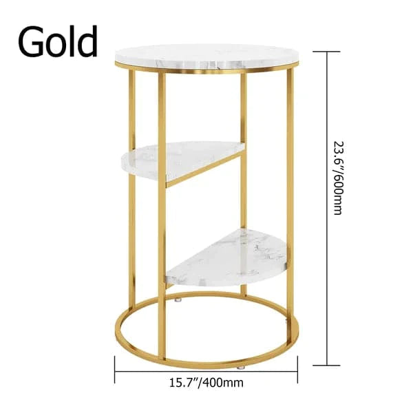 3-Tiered White & Gold End Table with Shelf Marble Top & Metal Frame Side Table