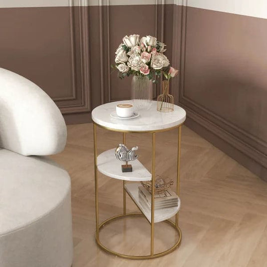 3-Tiered White & Gold End Table with Shelf Marble Top & Metal Frame Side Table