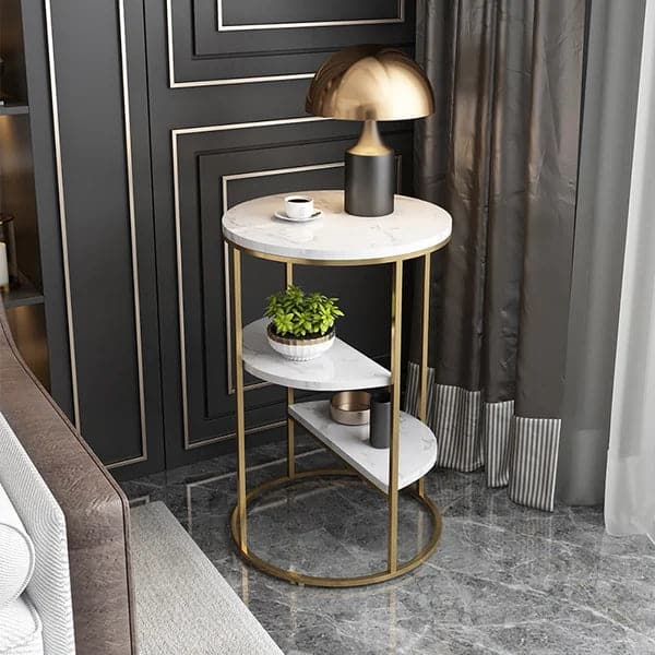 3-Tiered White & Gold End Table with Shelf Marble Top & Metal Frame Side Table