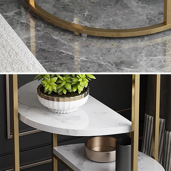 3-Tiered White & Gold End Table with Shelf Marble Top & Metal Frame Side Table