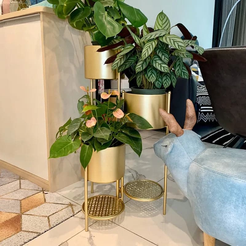 gold indoor plant stand 31.4 Tall Metal Plant Stand Indoor Modern 3 Tier Corner Planter in Gol