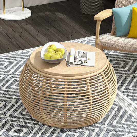 31.5" Boho Natural Round Patio Rattan Coffee Table with Wood-Top