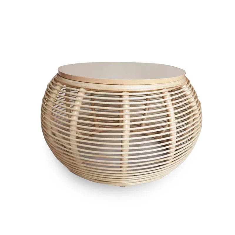 31.5" Boho Natural Round Patio Rattan Coffee Table with Wood-Top