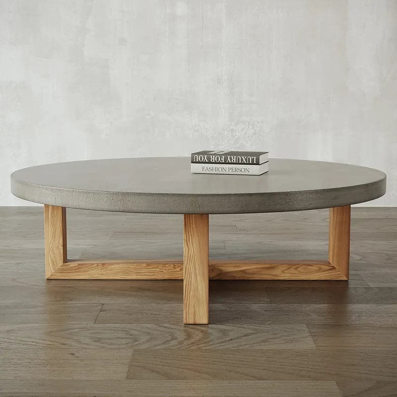 31" Round Concrete Gray Coffee Table with Cross Legs Pine Wood Base