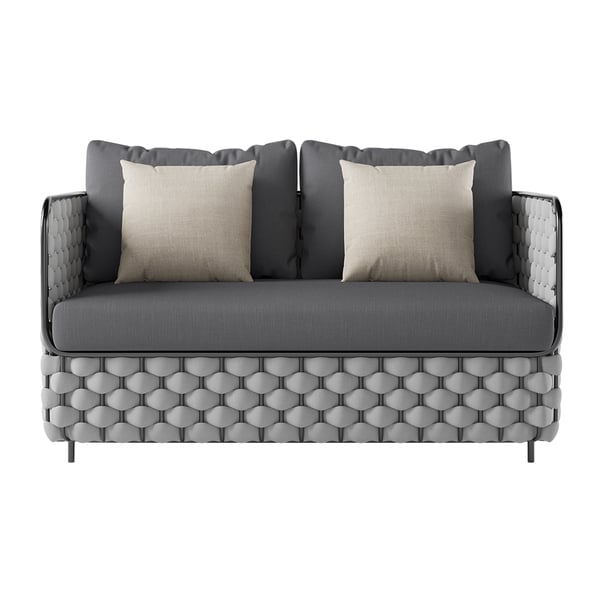 Wide Modern Aluminum & Rope Outdoor Loveseat Patio Sofa with Coffee Table in Gray