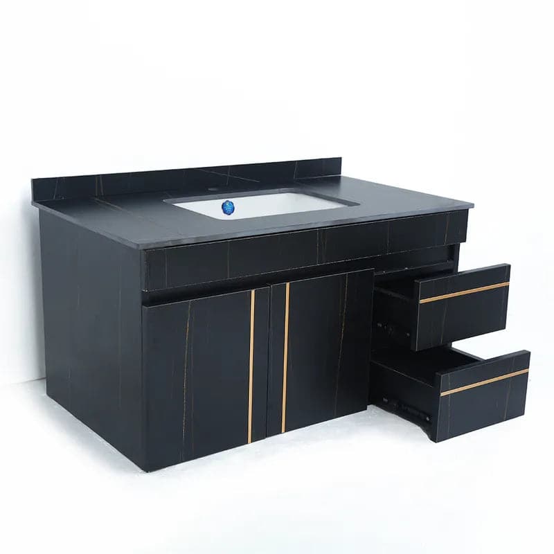 35" Black Modern Faux Marble Floating Bathroom Vanity Single Ceramic Sink