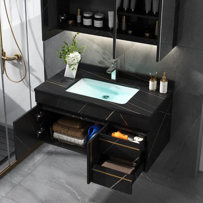 35" Black Modern Faux Marble Floating Bathroom Vanity Single Ceramic Sink