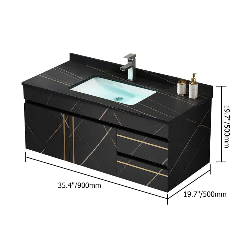 35" Black Modern Faux Marble Floating Bathroom Vanity Single Ceramic Sink