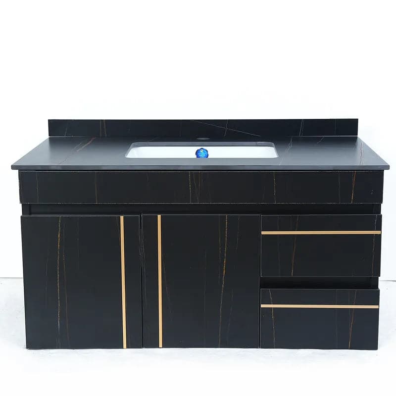 35" Black Modern Faux Marble Floating Bathroom Vanity Single Ceramic Sink