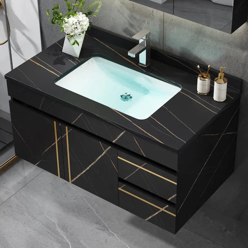 35" Black Modern Faux Marble Floating Bathroom Vanity Single Ceramic Sink