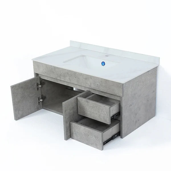 36" Floating Bathroom Vanity with Faux Marble Vessel Sink Wall Mounted