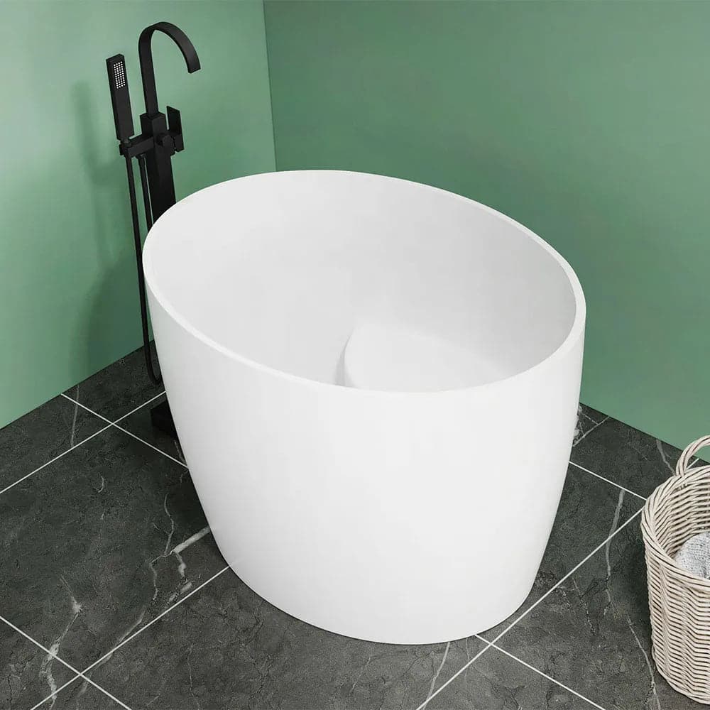 39.37" Modern Deep Oval Freestanding Matte White Stone Resin Soaking Bathtub