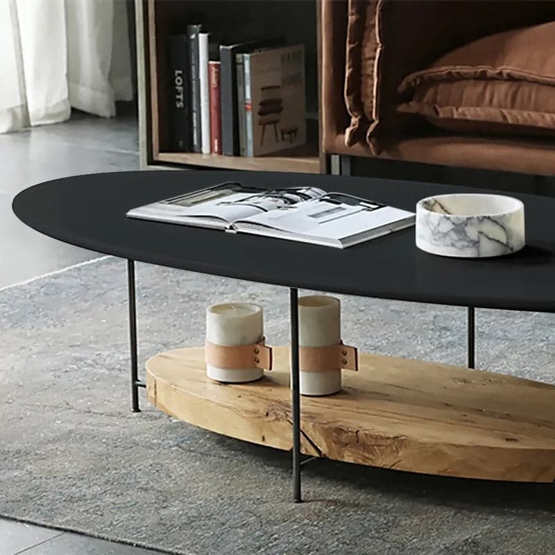 39" Modern Black & Natural Coffee Table with Storage Shelf Light Wood and Metal