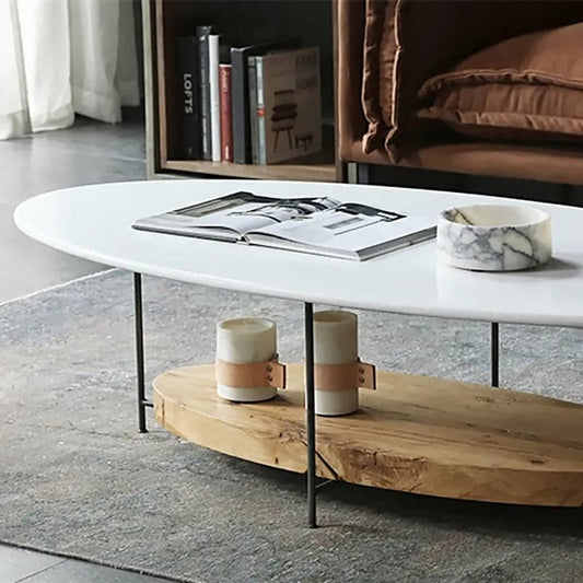 39" Modern White & Natural Oval Coffee Table with Storage Shelf Light Wood and Metal