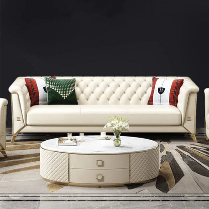 3 Piece Modern Living Room Set Chesterfield Sofa with Chaise in Off-White