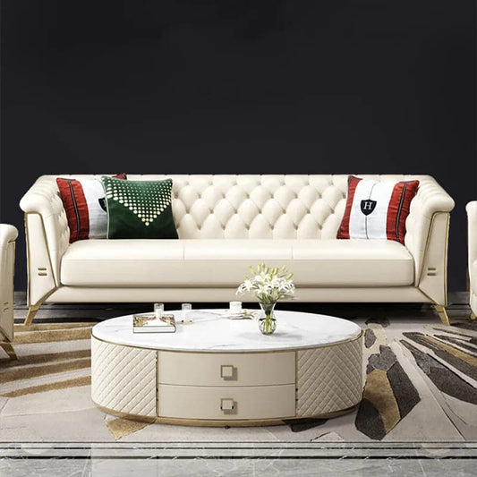 3 Piece Modern Living Room Set Chesterfield Sofa with Chaise in Off-White