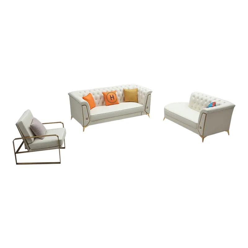 3 Piece Modern Living Room Set Chesterfield Sofa with Chaise in Off-White