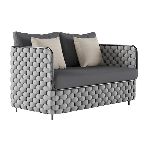 Wide Modern Aluminum & Rope Outdoor Loveseat Patio Sofa with Coffee Table in Gray