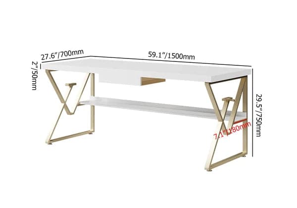 59" Modern White Writing Desk with Drawer & Shelf Wood Top Office Desk