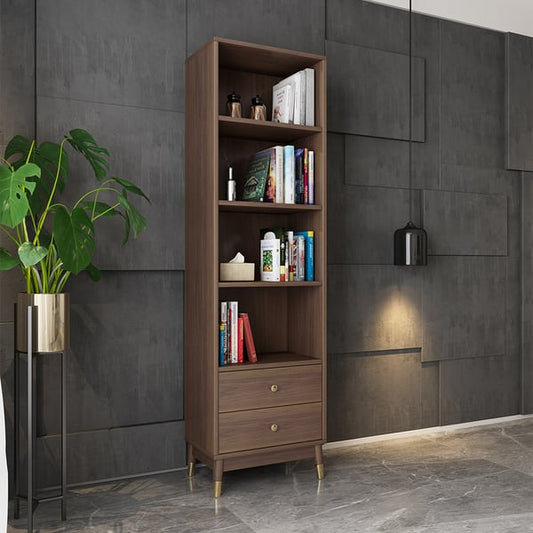 Modern & Minimalist Book Shelf with 3 Shelves & 2 Drawers in Walnut