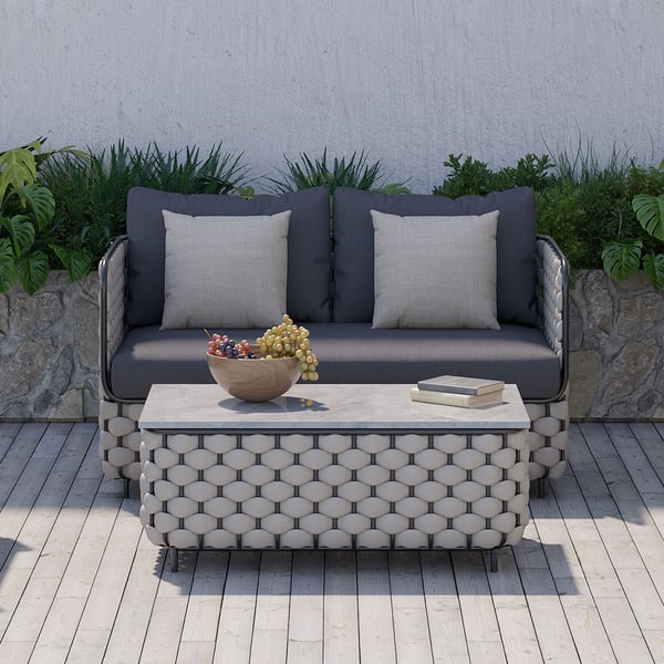 Wide Modern Aluminum & Rope Outdoor Loveseat Patio Sofa with Coffee Table in Gray