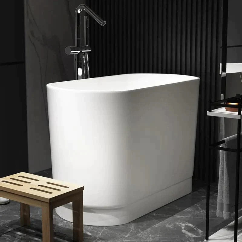 40" Modern Deep Oval Freestanding Matte White Stone Resin Japanese Soaking Bathtub