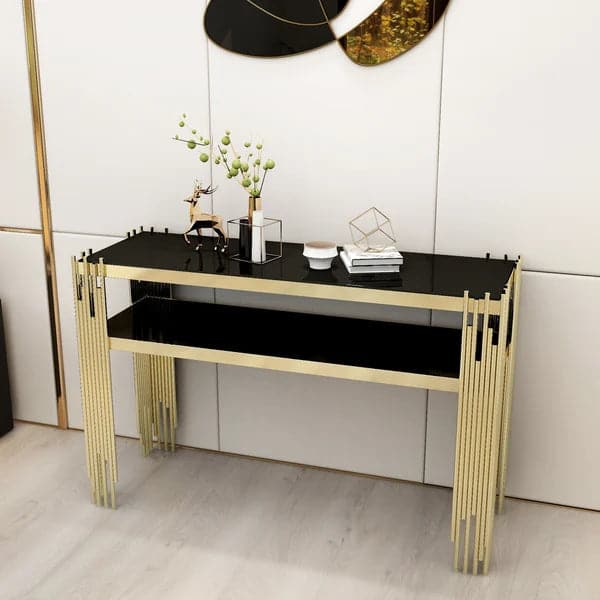 47.2" Modern Black Faux Marble Narrow Console Table with Storage Shelf and 4 Gold Legs