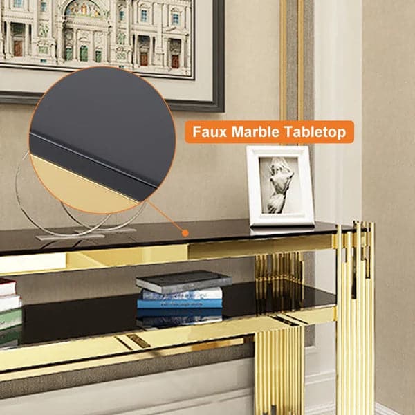 47.2" Modern Black Faux Marble Narrow Console Table with Storage Shelf and 4 Gold Legs